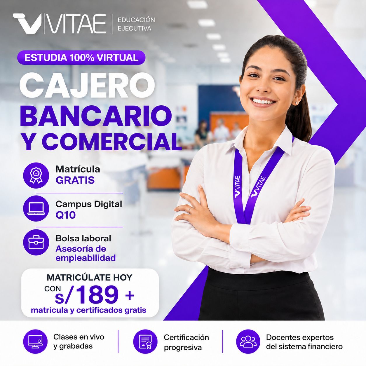 Talleres de actualización profesional para estudiantes de Cajero Bancario y Comercial de Vitae Educación Ejecutiva sobre operaciones bancarias, documentos de caja y servicios financieros. Copiar ALT